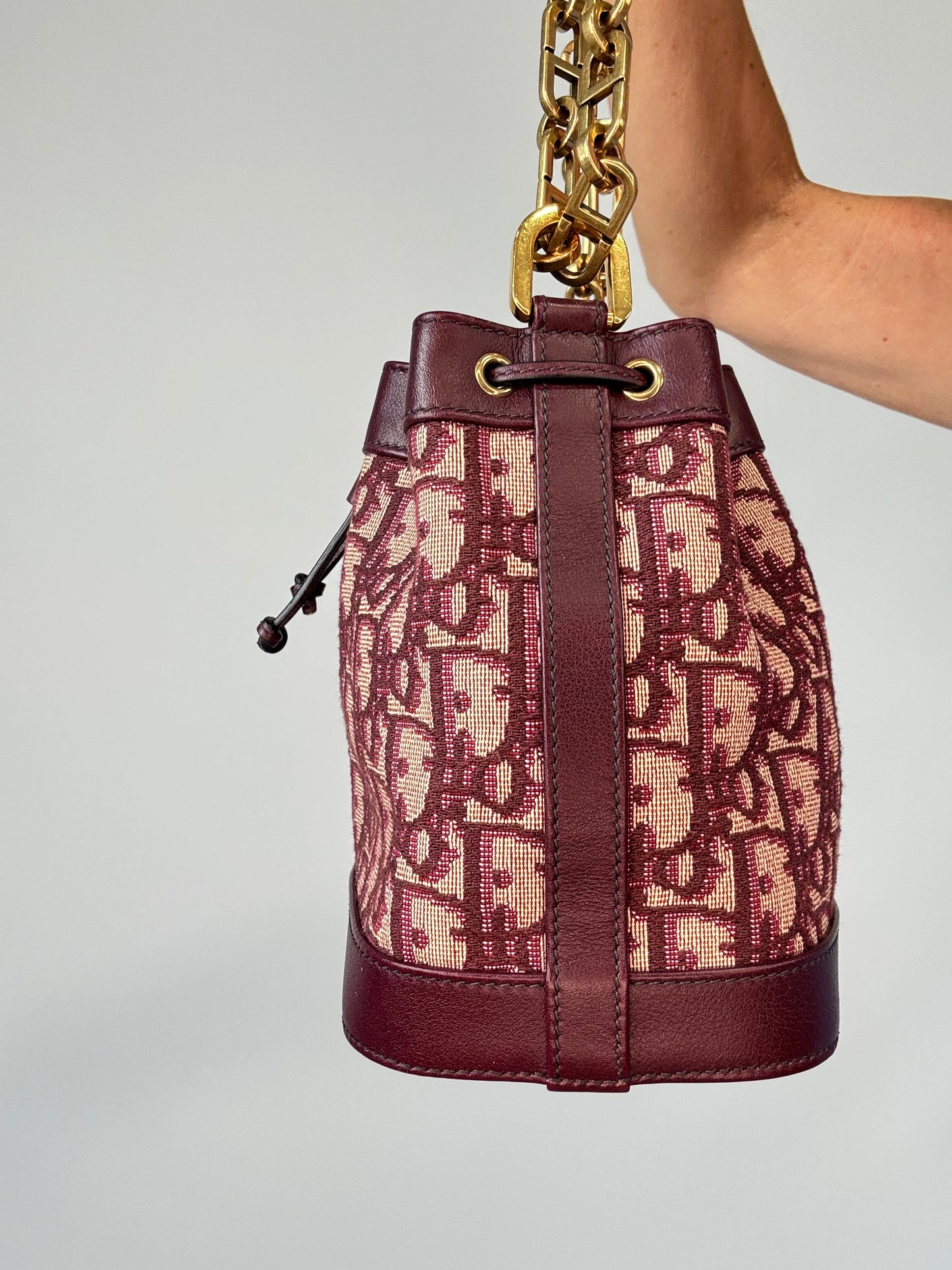Christian Dior Oblique Drawstring Chain Bucket Bag- Burgundy