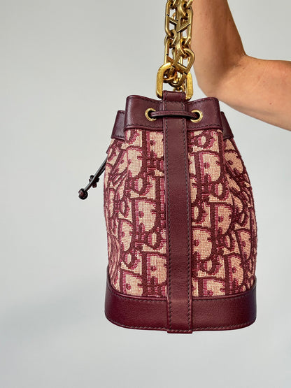 Christian Dior Oblique Drawstring Chain Bucket Bag- Burgundy