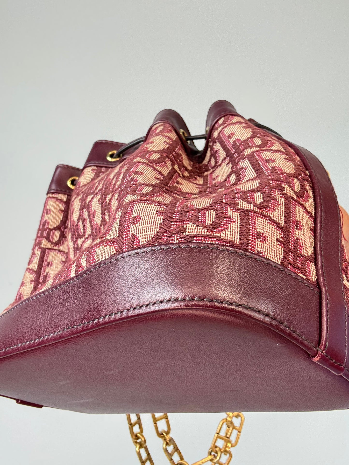 Christian Dior Oblique Drawstring Chain Bucket Bag- Burgundy