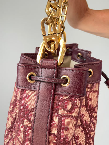 Christian Dior Oblique Drawstring Chain Bucket Bag- Burgundy