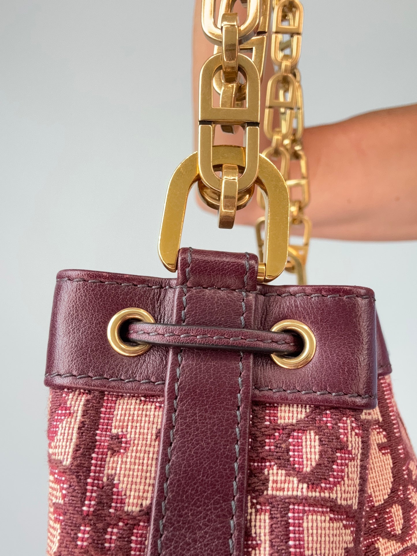 Christian Dior Oblique Drawstring Chain Bucket Bag- Burgundy