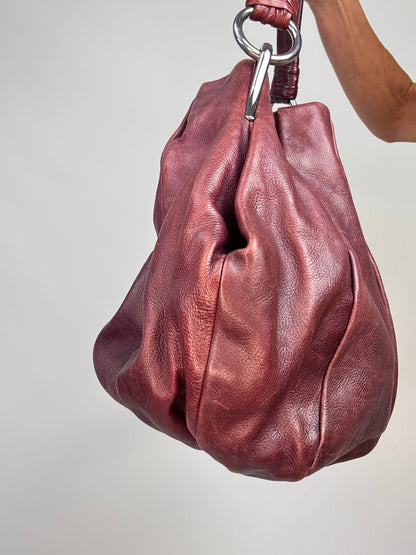 Verified Prada Early 2000s Nappa Leather Pleated Hobo Bag — Burgundy