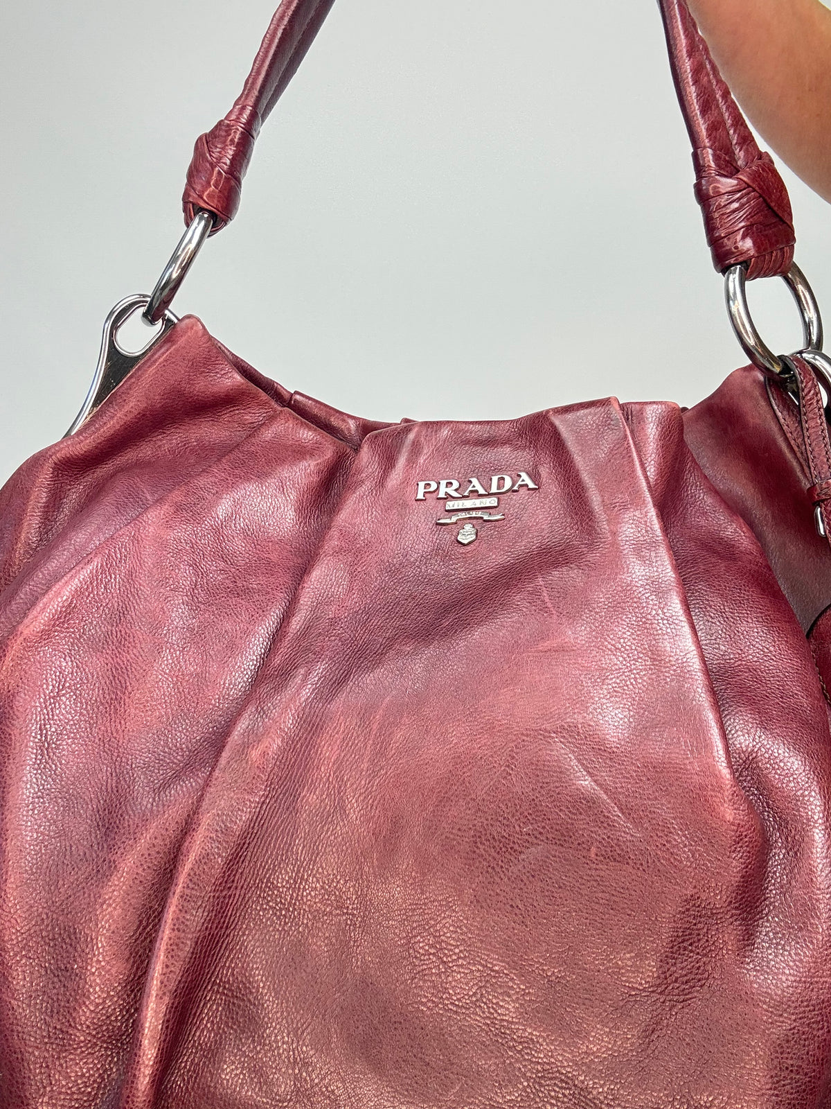 Verified Prada Early 2000s Nappa Leather Pleated Hobo Bag — Burgundy