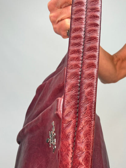Verified Prada Early 2000s Nappa Leather Pleated Hobo Bag — Burgundy