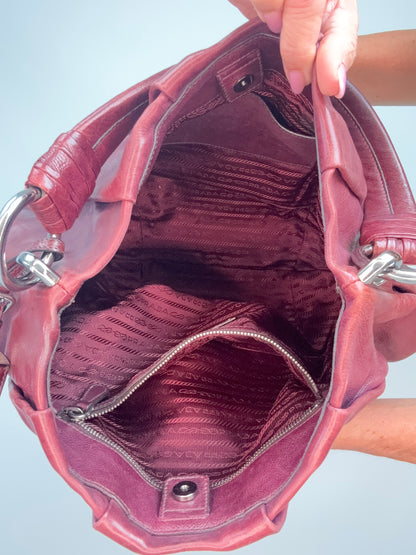 Verified Prada Early 2000s Nappa Leather Pleated Hobo Bag — Burgundy