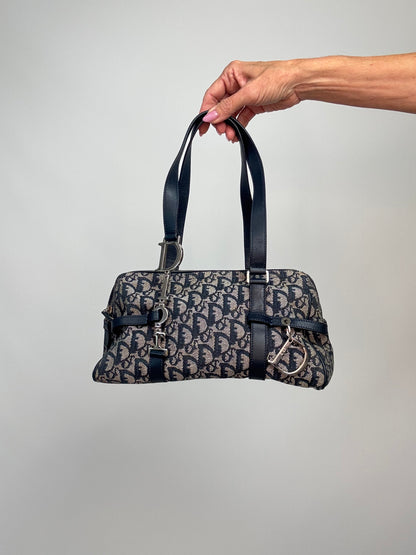 Christian Dior 2004 Trotter Logo Charm Boston Shoulder Bag — Navy