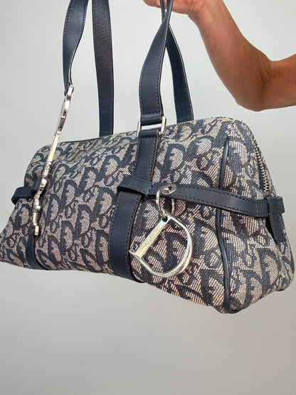 Christian Dior 2004 Trotter Logo Charm Boston Shoulder Bag — Navy