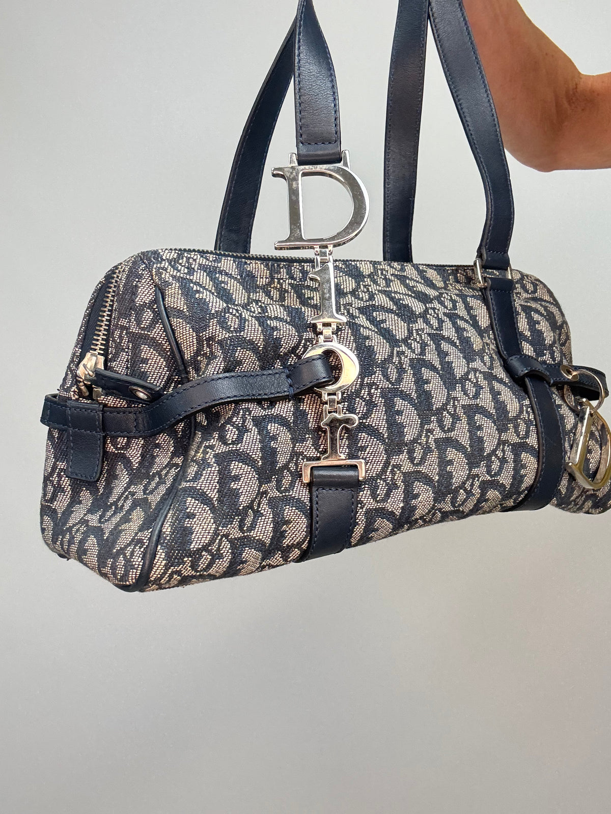 Christian Dior 2004 Trotter Logo Charm Boston Shoulder Bag — Navy