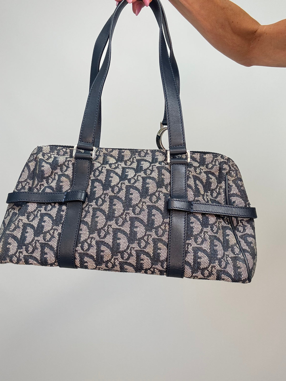 Christian Dior 2004 Trotter Logo Charm Boston Shoulder Bag — Navy