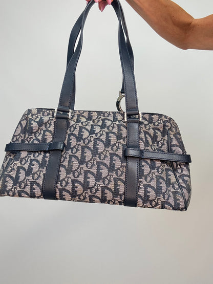 Christian Dior 2004 Trotter Logo Charm Boston Shoulder Bag — Navy