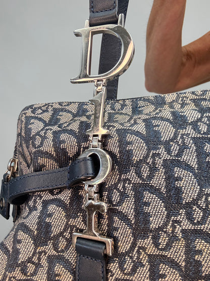 Christian Dior 2004 Trotter Logo Charm Boston Shoulder Bag — Navy