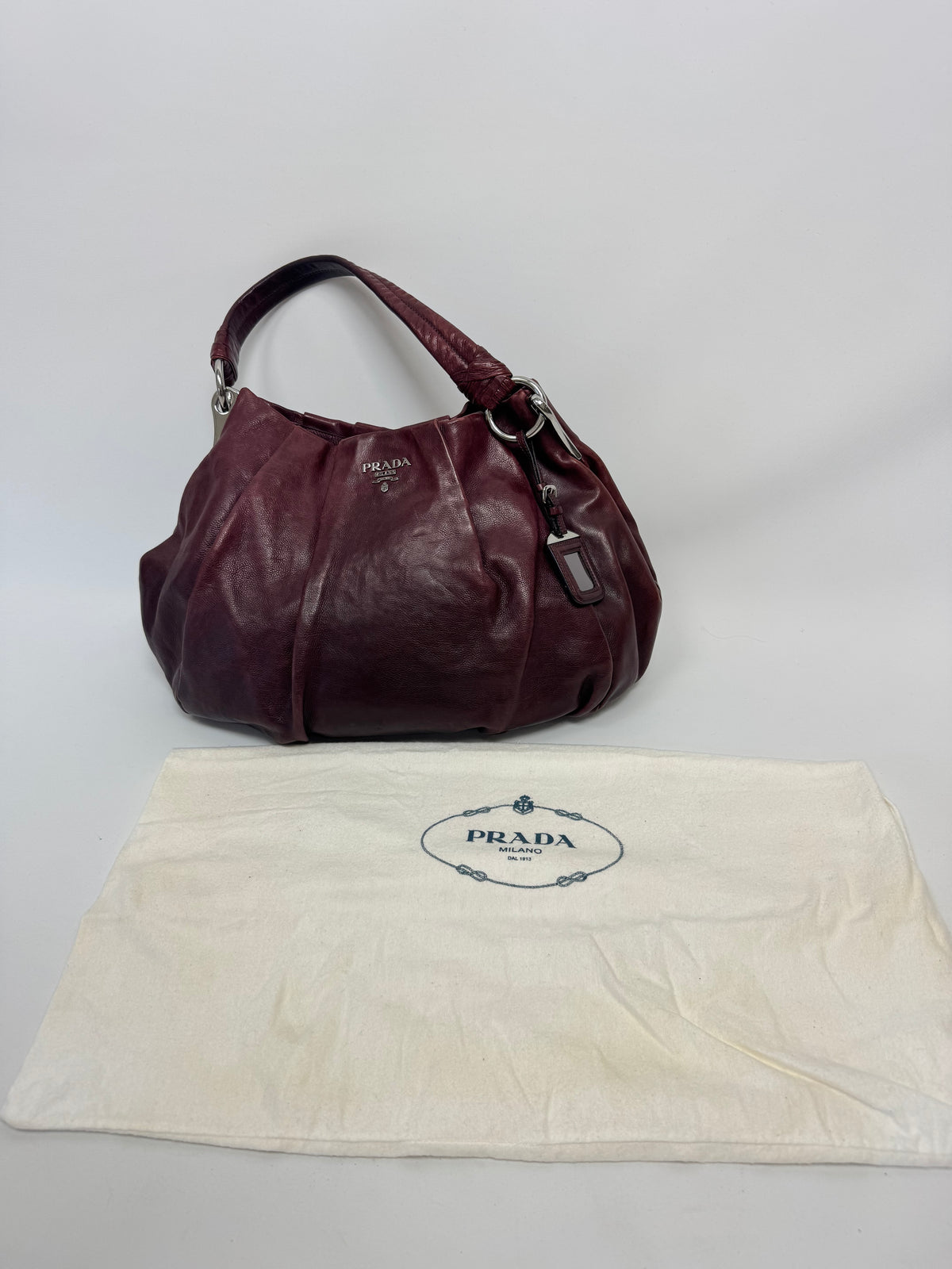 Verified Prada Early 2000s Nappa Leather Pleated Hobo Bag — Burgundy