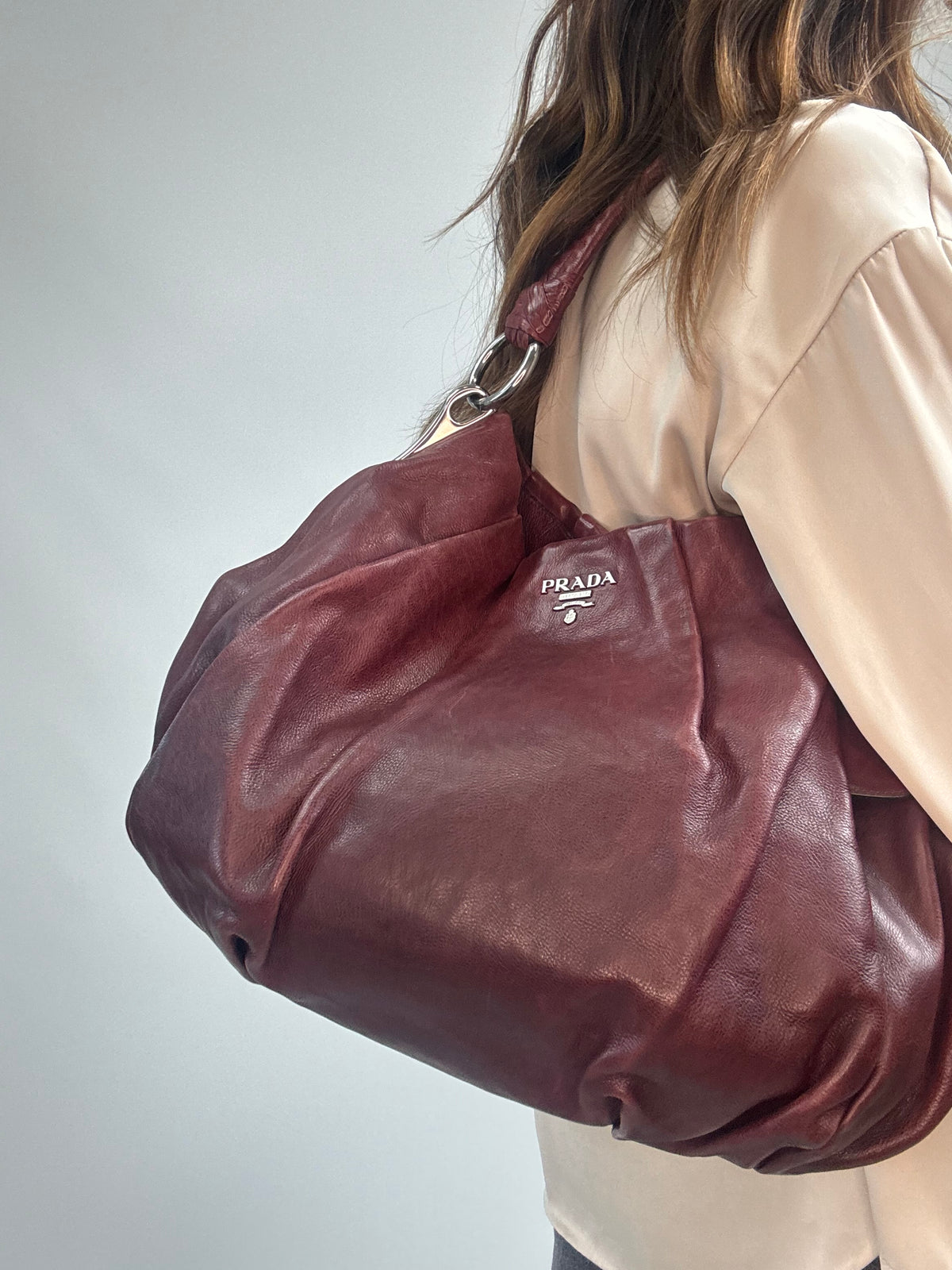 Verified Prada Early 2000s Nappa Leather Pleated Hobo Bag — Burgundy