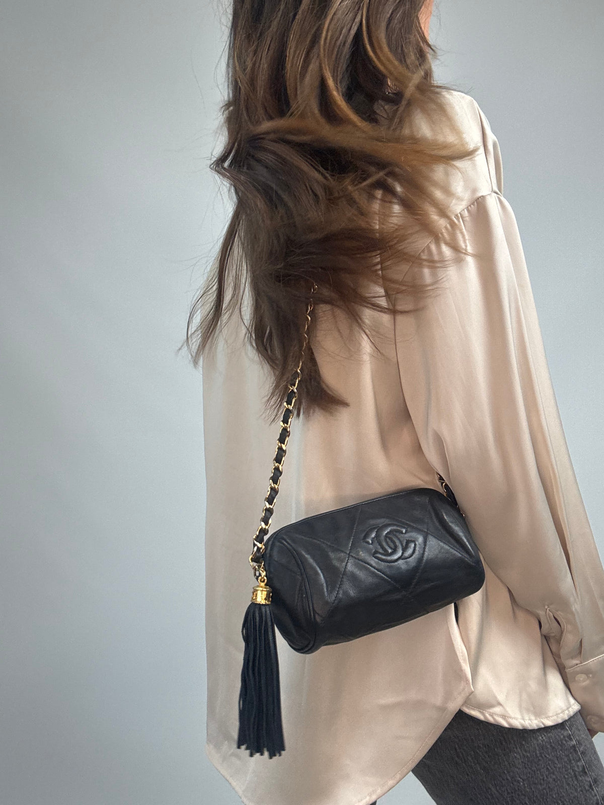 Chanel Vintage 1986–1988 Quilted Lambskin Tassel Camera Bag — Black