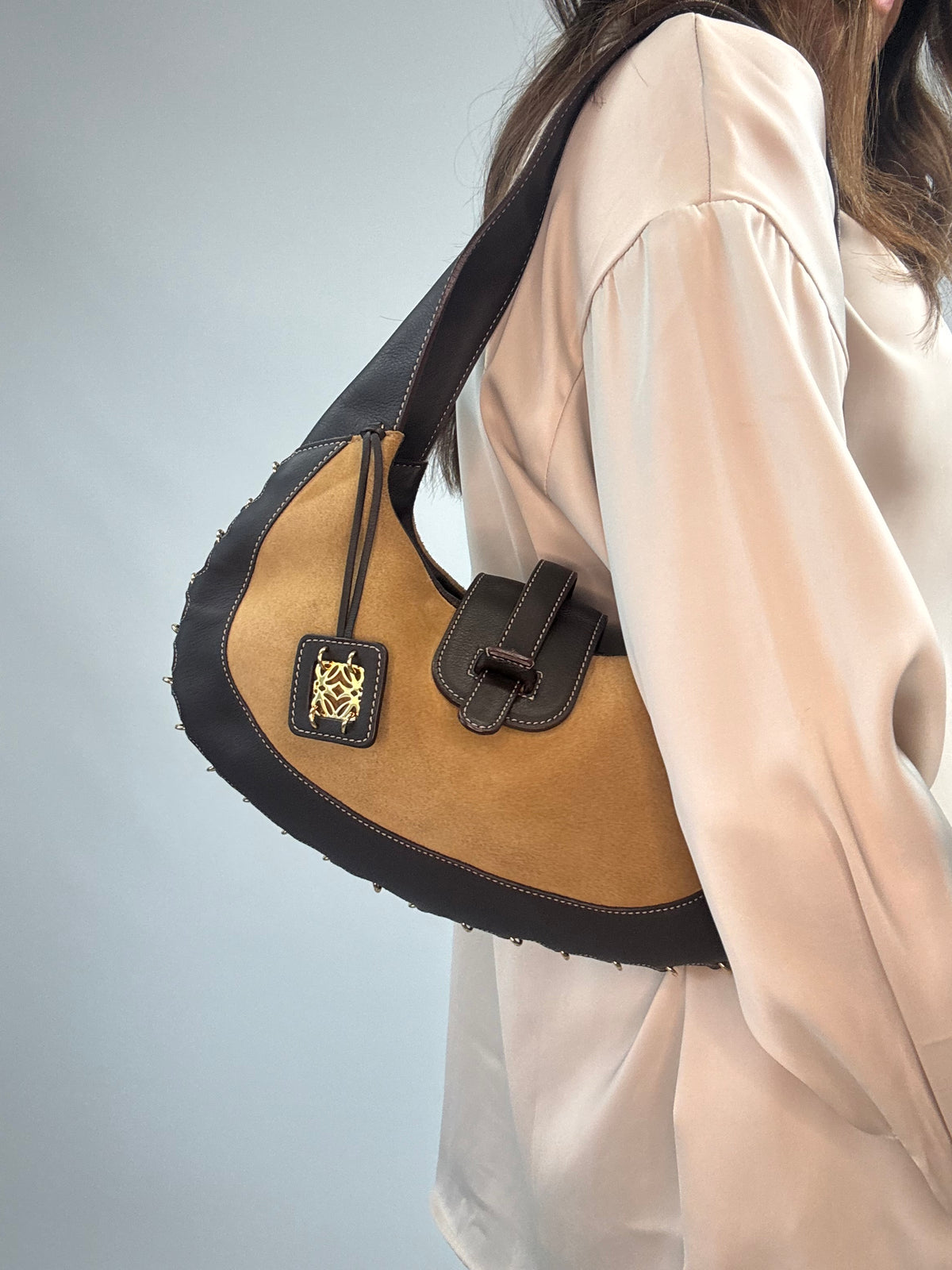Loewe Vintage Suede & Leather Ring-Trim Hobo Bag