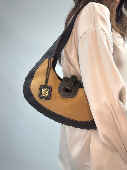 Loewe Vintage Suede & Leather Ring-Trim Hobo Bag