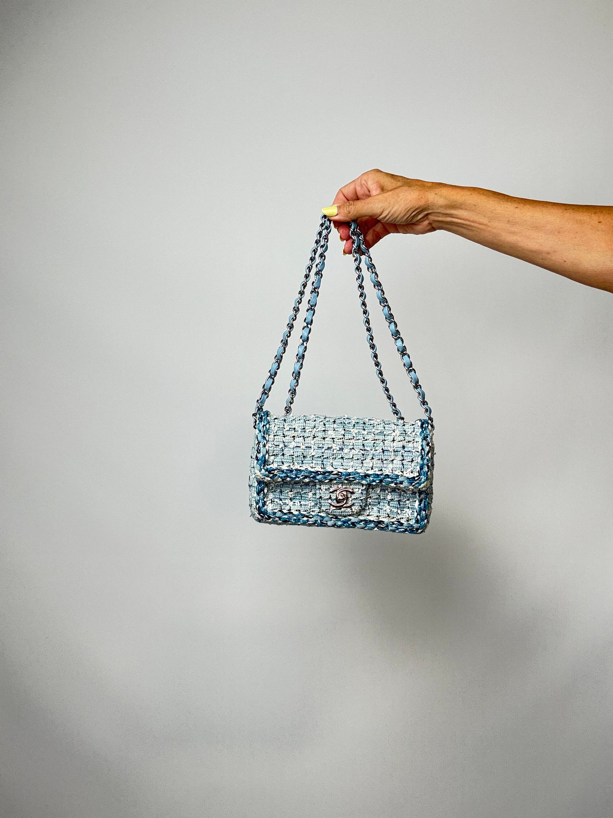 Chanel 20 Mini Quilted Metallic Flap Tweed Bag-Blue