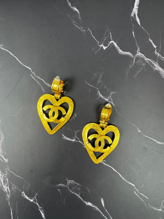 Chanel 1995 Heart Dangle Clip On Earrings