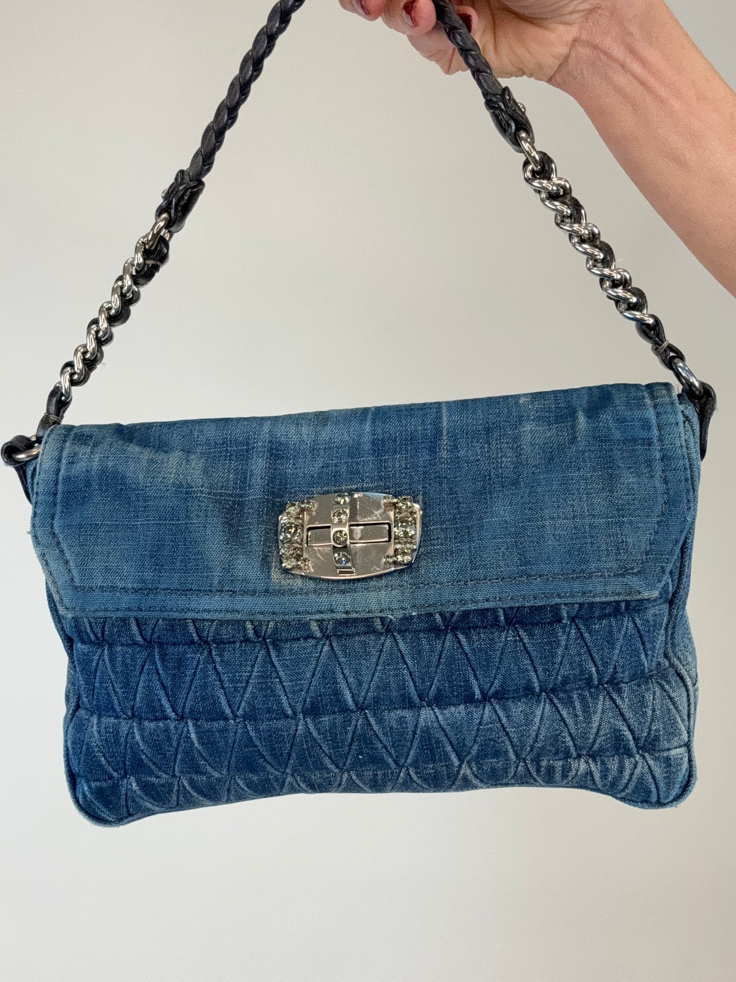 Miu Miu Matelasse  Rare Denim Crystal Turn lock Shoulder Bag