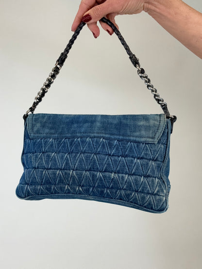 Miu Miu Matelasse  Rare Denim Crystal Turn lock Shoulder Bag