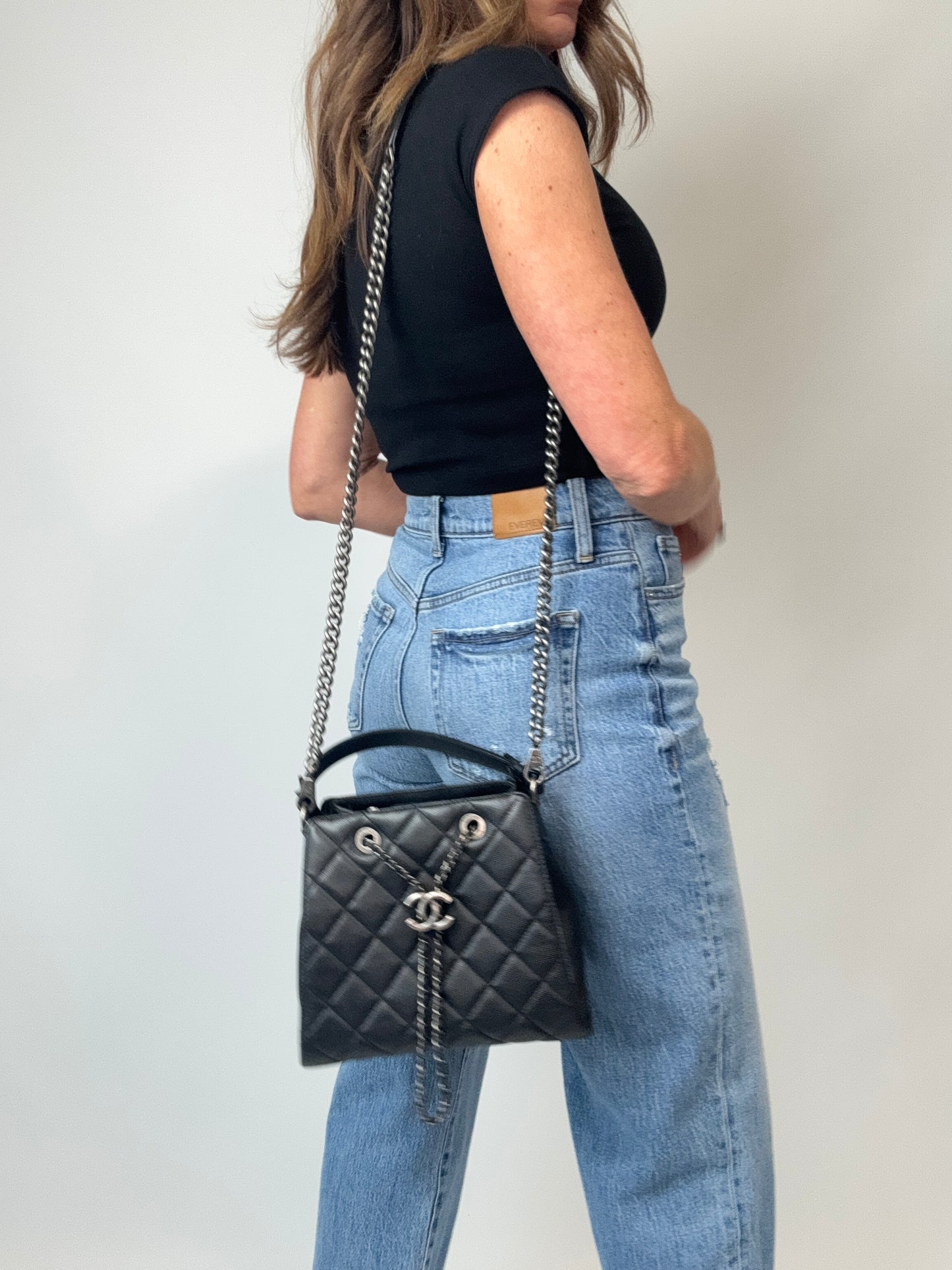 Chanel Small CC Bucket Bag – Black Caviar Leather & Silver Hardware