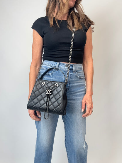 Chanel Small CC Bucket Bag – Black Caviar Leather & Silver Hardware