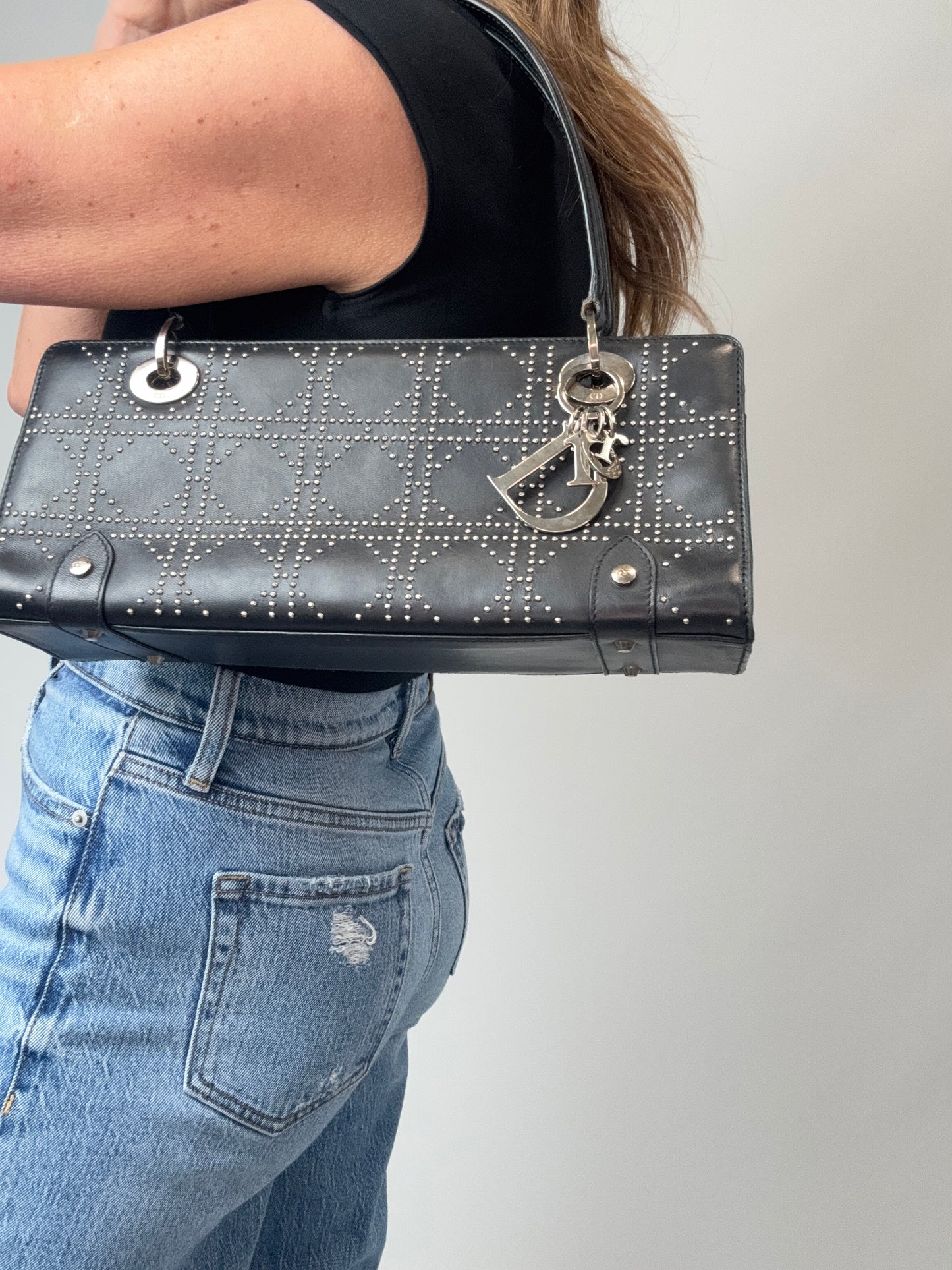 Christian Dior Vintage East-West Studded Cannage Leather Bag