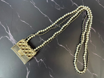 Chanel Metal & Faux Pearl Micro Flap Bag Pendant Necklace – Gold Hardware