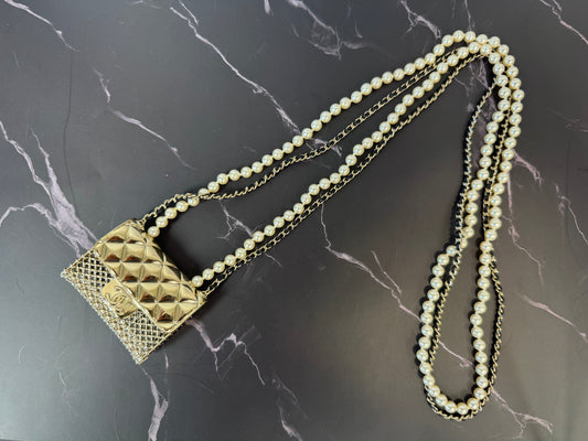Chanel Metal & Faux Pearl Micro Flap Bag Pendant Necklace – Gold Hardware