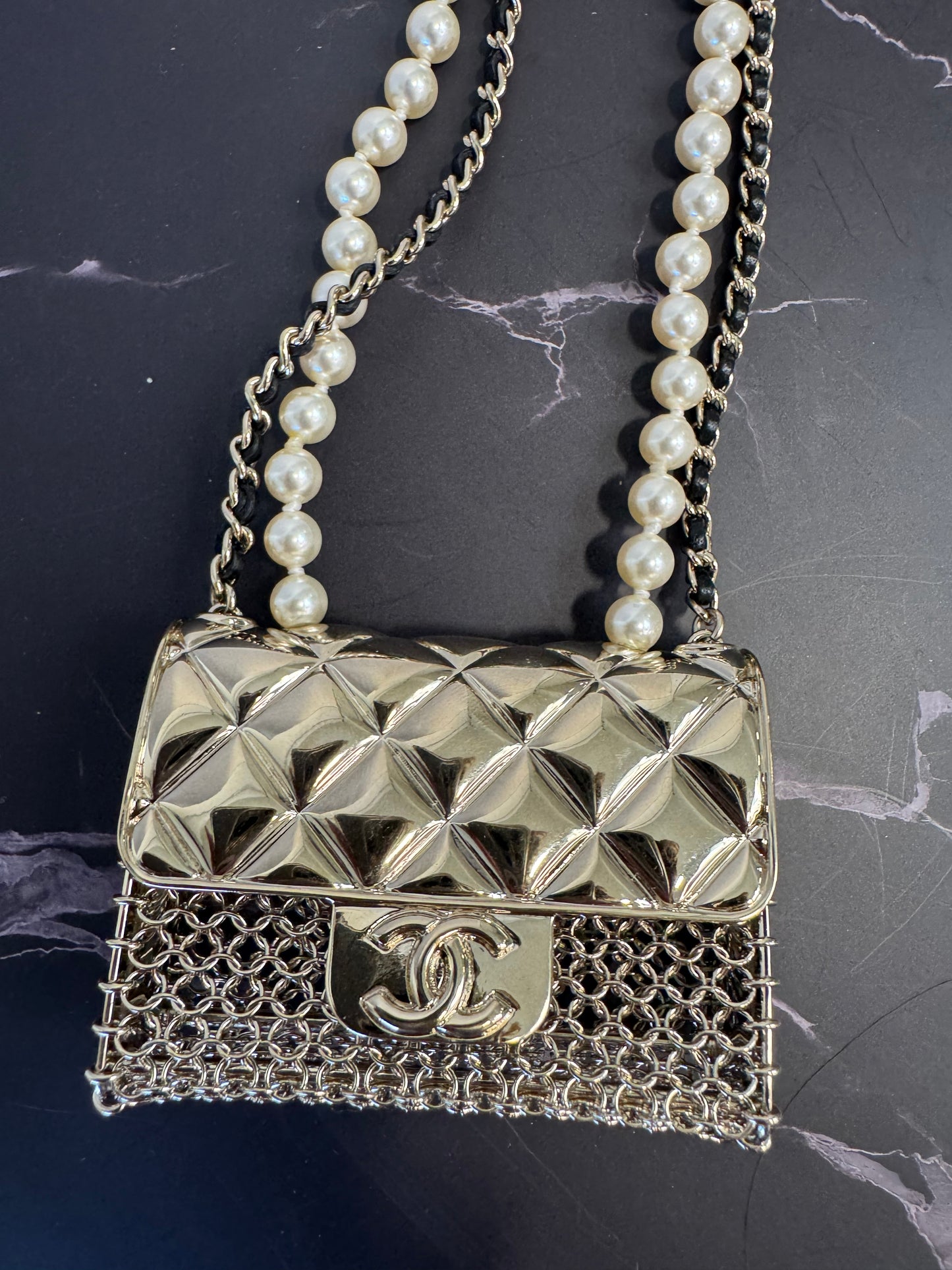 Chanel Metal & Faux Pearl Micro Flap Bag Pendant Necklace – Gold Hardware