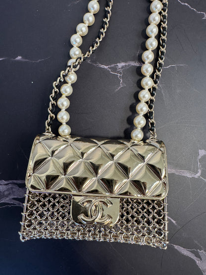 Chanel Metal & Faux Pearl Micro Flap Bag Pendant Necklace – Gold Hardware