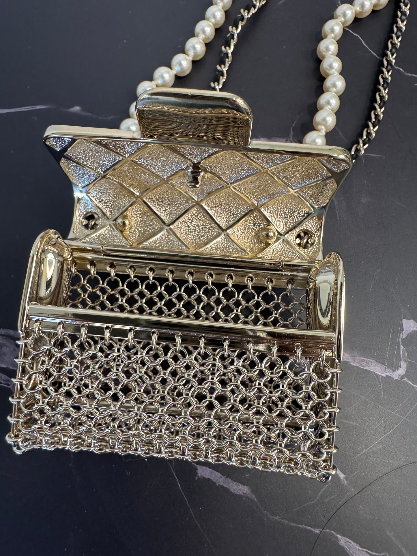 Chanel Metal & Faux Pearl Micro Flap Bag Pendant Necklace – Gold Hardware