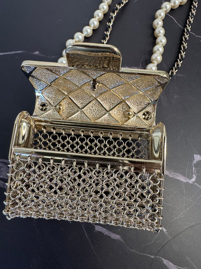 Chanel Metal & Faux Pearl Micro Flap Bag Pendant Necklace – Gold Hardware
