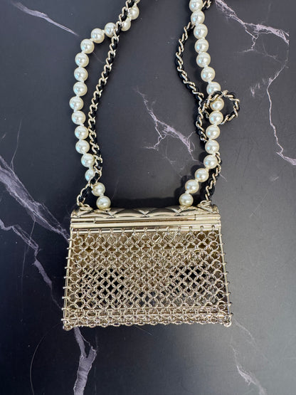 Chanel Metal & Faux Pearl Micro Flap Bag Pendant Necklace – Gold Hardware