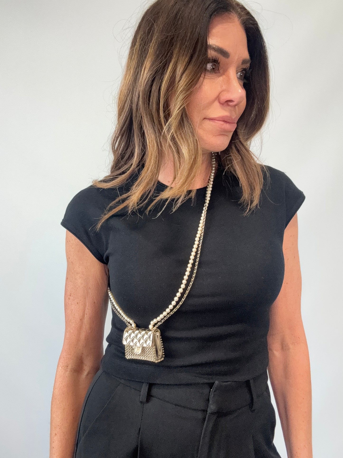 Chanel Metal & Faux Pearl Micro Flap Bag Pendant Necklace – Gold Hardware