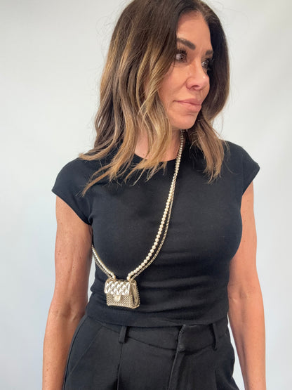 Chanel Metal & Faux Pearl Micro Flap Bag Pendant Necklace – Gold Hardware