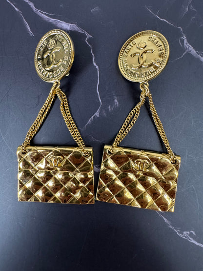 Chanel Vintage Flap Bag Dangle Clip-On Earrings (1995)