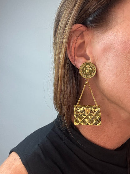 Chanel Vintage Flap Bag Dangle Clip-On Earrings (1995)