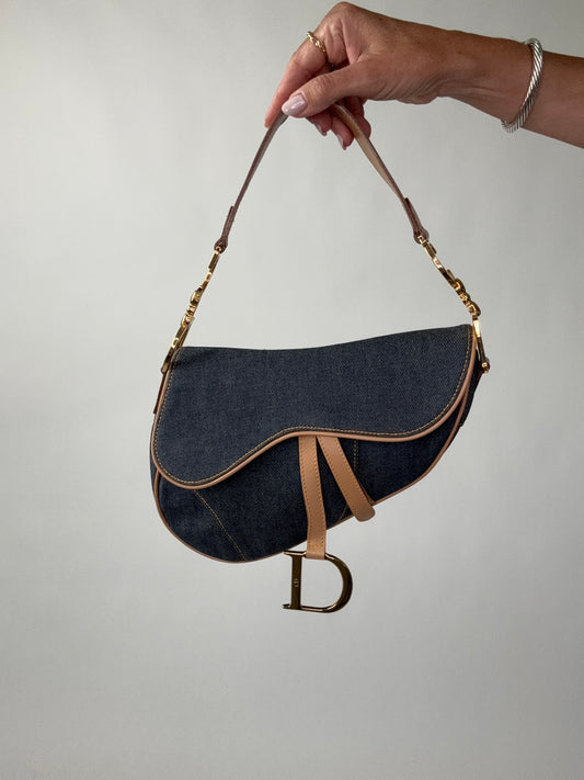 Christian Dior Denim Calfskin Saddle Bag