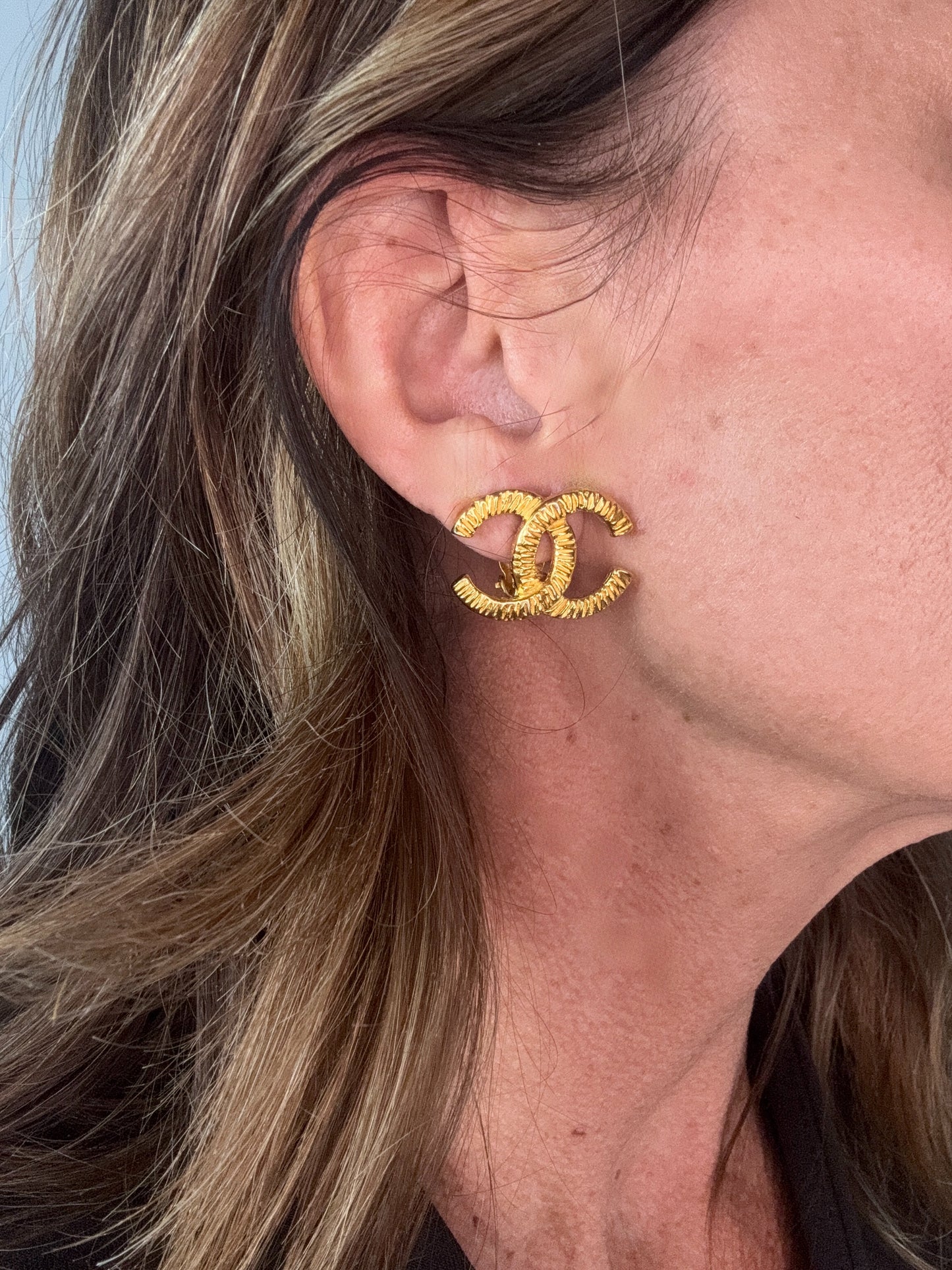 Chanel CC Hammered Clip On Earrings