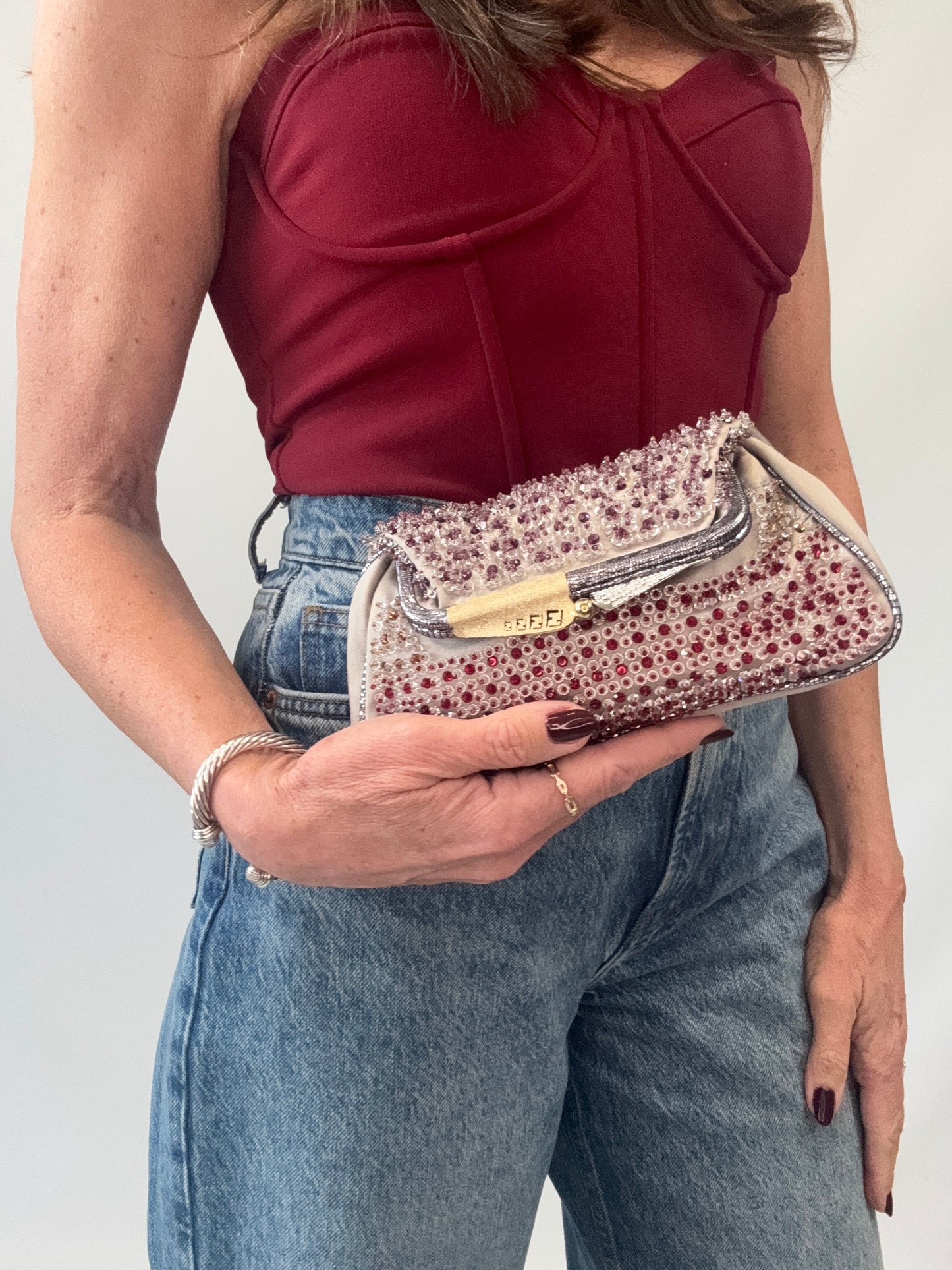 Fendi Rare Swarovski Beaded Kiss Lock Clutch