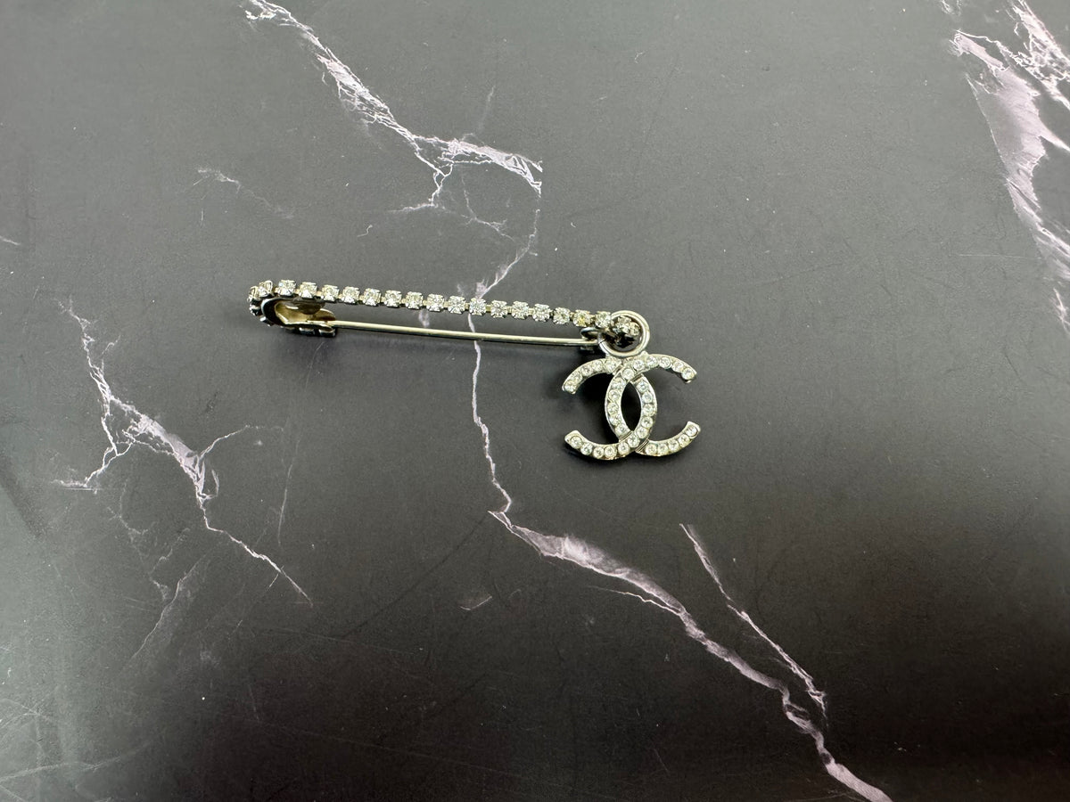 Chanel 2001 Crystal Safety Pin Brooch with Dangling CC Charm