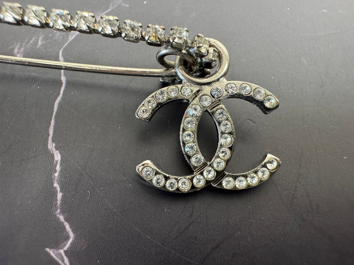Chanel 2001 Crystal Safety Pin Brooch with Dangling CC Charm