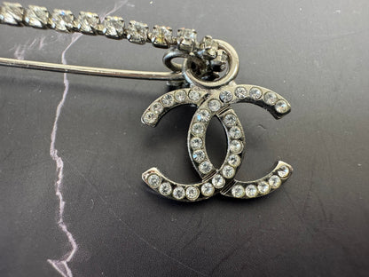 Chanel 2001 Crystal Safety Pin Brooch with Dangling CC Charm