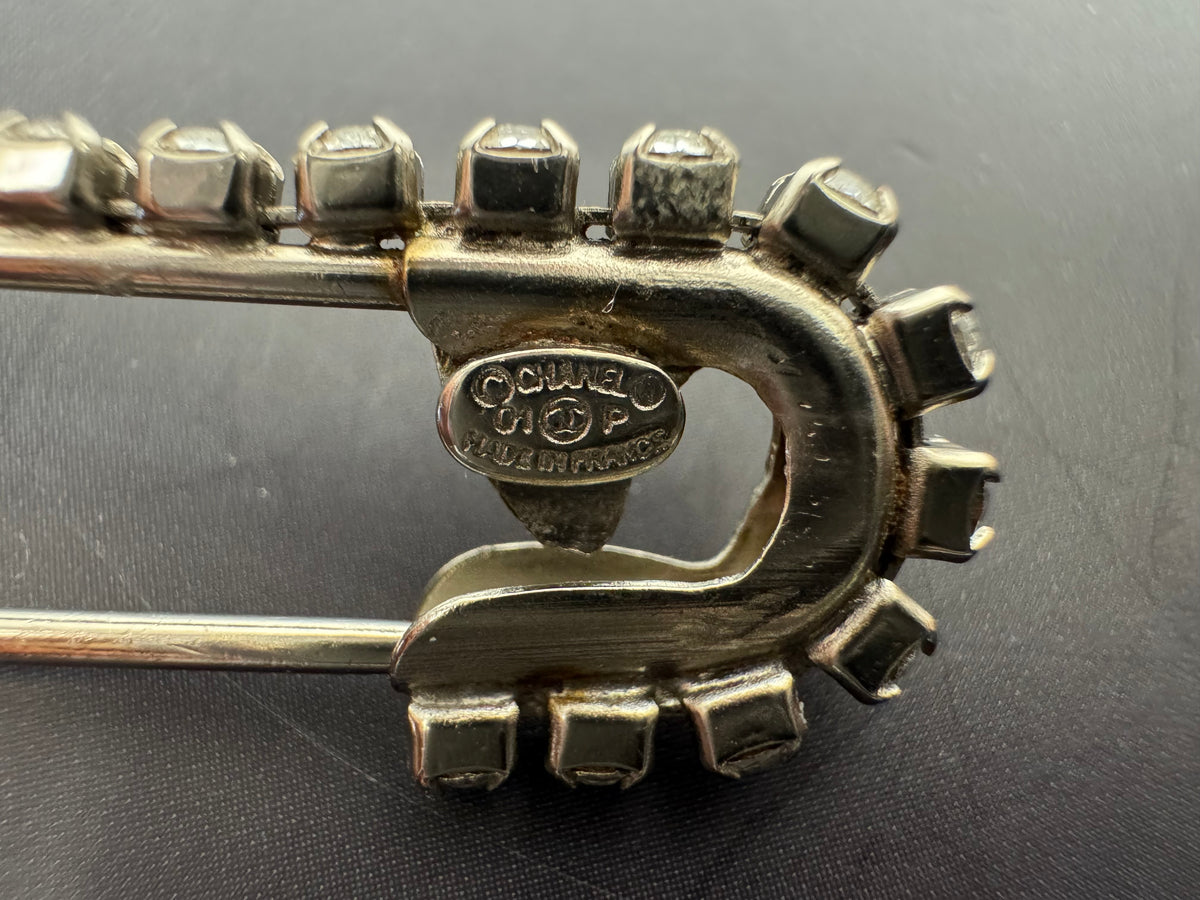 Chanel 2001 Crystal Safety Pin Brooch with Dangling CC Charm