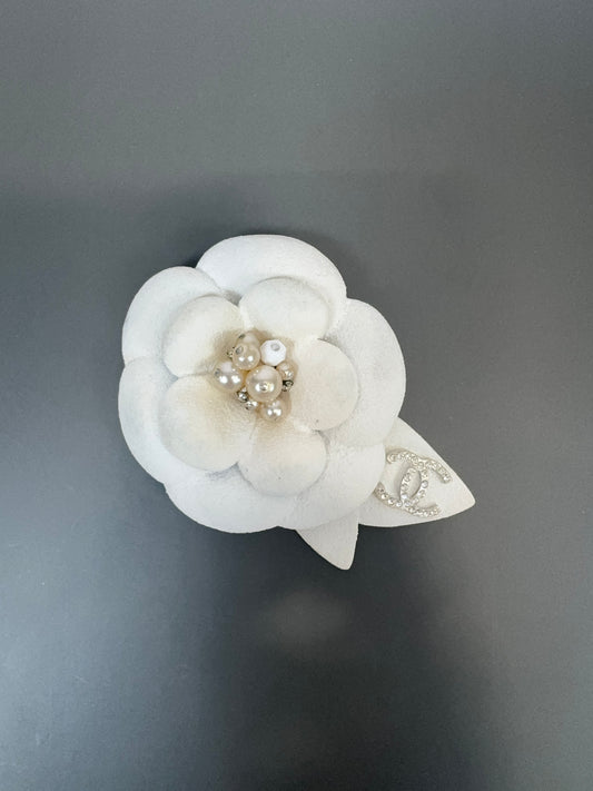 Chanel Silver Vintage Camellia White Steel Brooch
