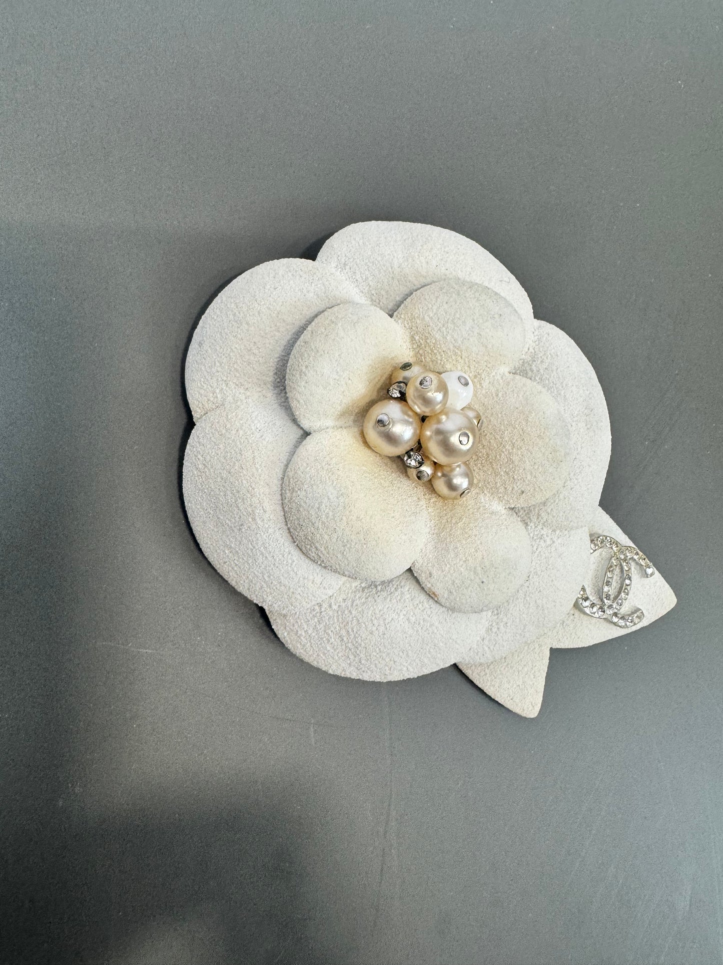 Chanel Silver Vintage Camellia White Steel Brooch