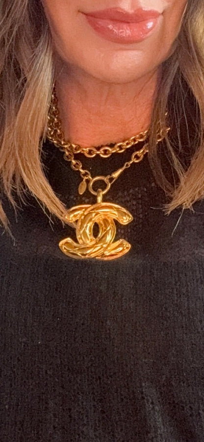 Chanel Vintage Oversized Quilted CC Pendant Chain Necklace