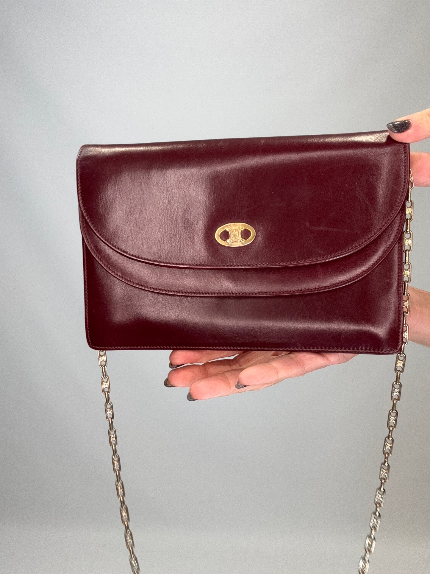 Celine Triomphe Wallet On Triomphe Chain- Burgundy