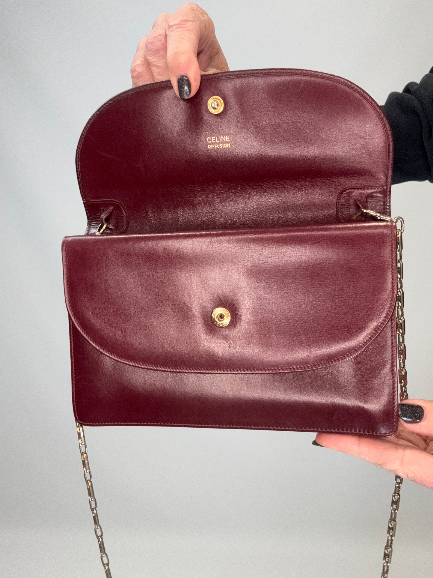 Celine Triomphe Wallet On Triomphe Chain- Burgundy